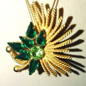 Green Rhinestone Starburst Pendant Necklace Teardrop Convertible Brooch Pin